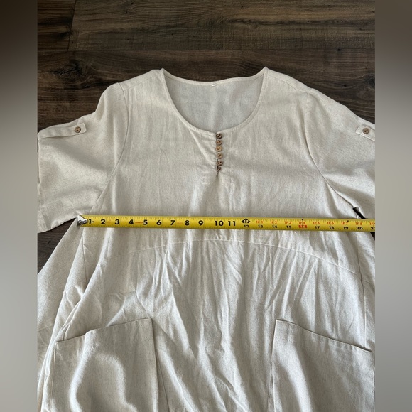 Ivory Cream Linen Pocket Short Sleeve Roll Up Button Dress Casual Comfy One Size - Picture 8 of 10